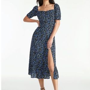COMMENSE Square Neck Short Puff Sleeve Floral Slit Dress (MIDI)